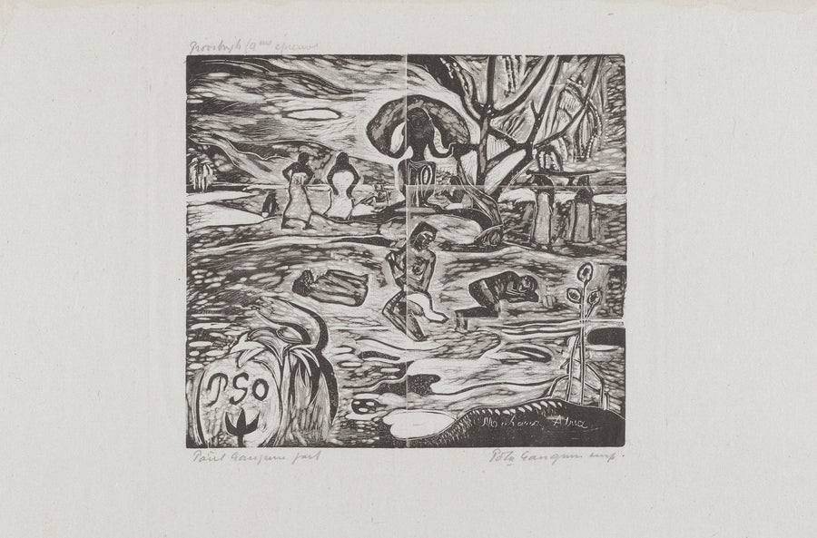 Paul Gauguin — Mahana Atua (The Day of God) | Woodcut Print shown to scale on a wall above a sofa
