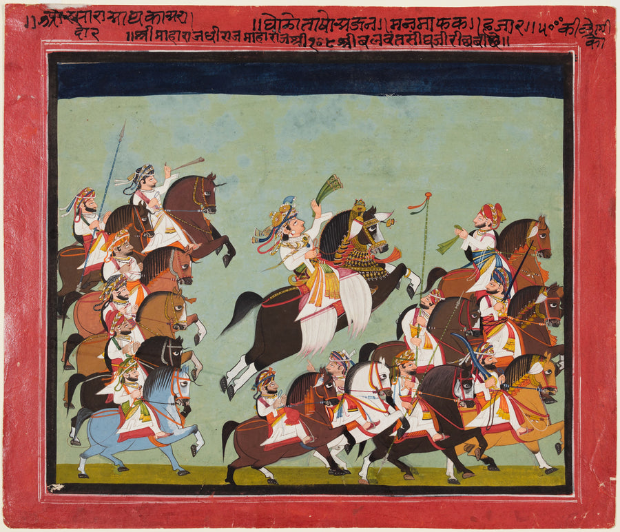 Kushala — Maharaja Balwant Singh of Ratlam in Procession with His Relatives and Courtiers | Indian Miniature Painting Print shown to scale on a wall above a sofa