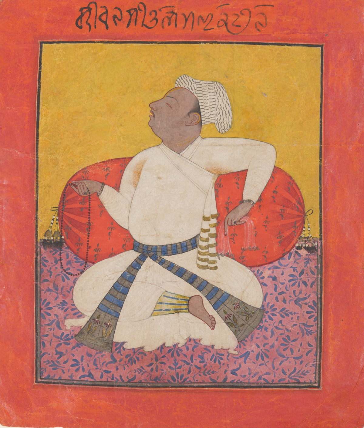 Maharaja Sital Dev in Devotion by Basohli school — A maharaja lifts his face over a string of prayer beads