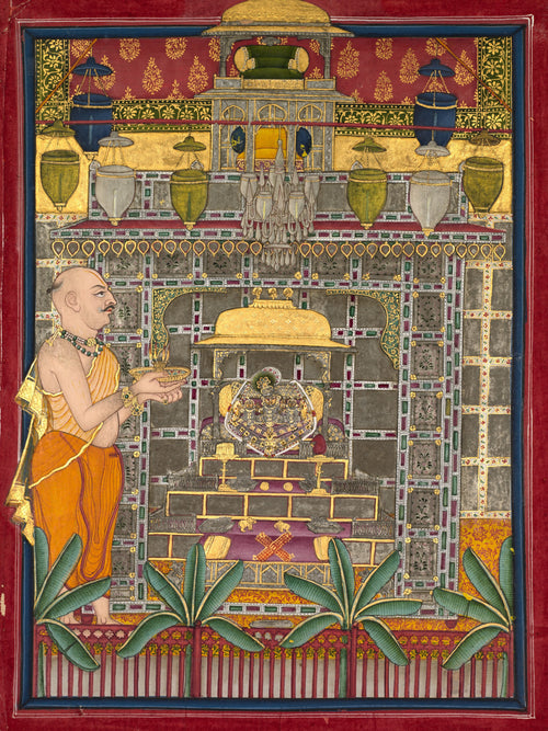 Maharao Kishor Singh II of Kota (r. 1819–28) Worshiping Krishna as Brij Rajji by Kota school — A bald worshipper offers a lamp before a silvered shrine