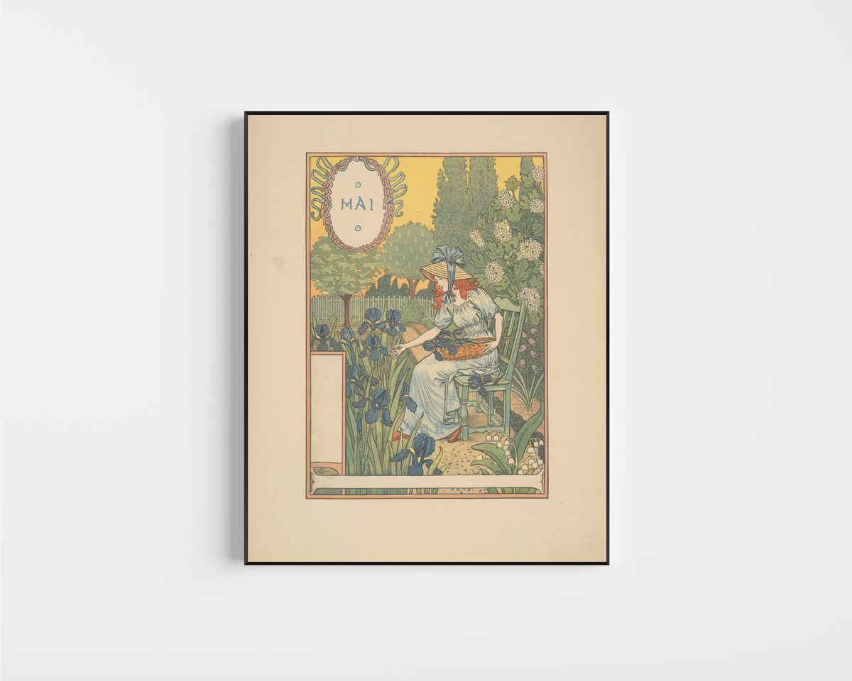 Framed art print of Mai by Eugène Grasset, in a slim black frame on a plain white wall