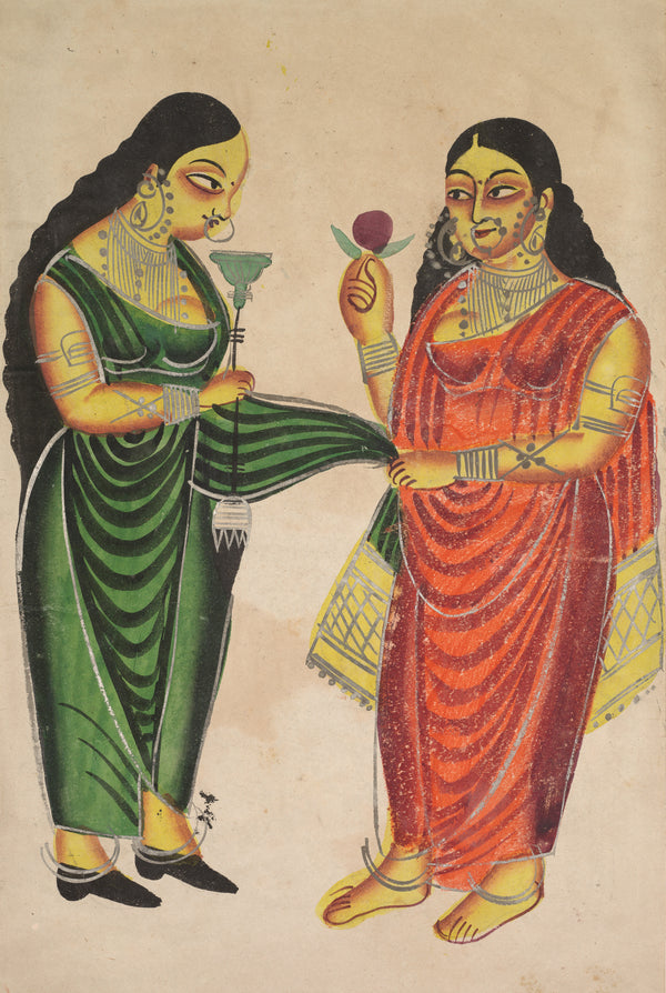 Kalighat painter — Maid Bringing a Hookah to a Lady | Kalighat Painting Print