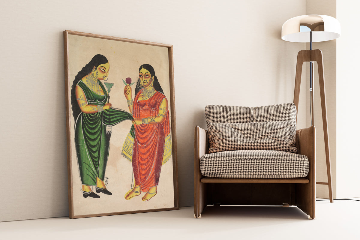 Kalighat painter — Maid Bringing a Hookah to a Lady | Kalighat Painting Print