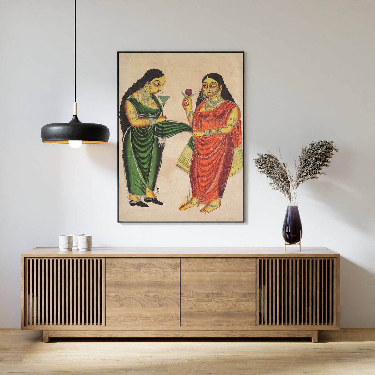 Kalighat painter — Maid Bringing a Hookah to a Lady | Kalighat Painting Print