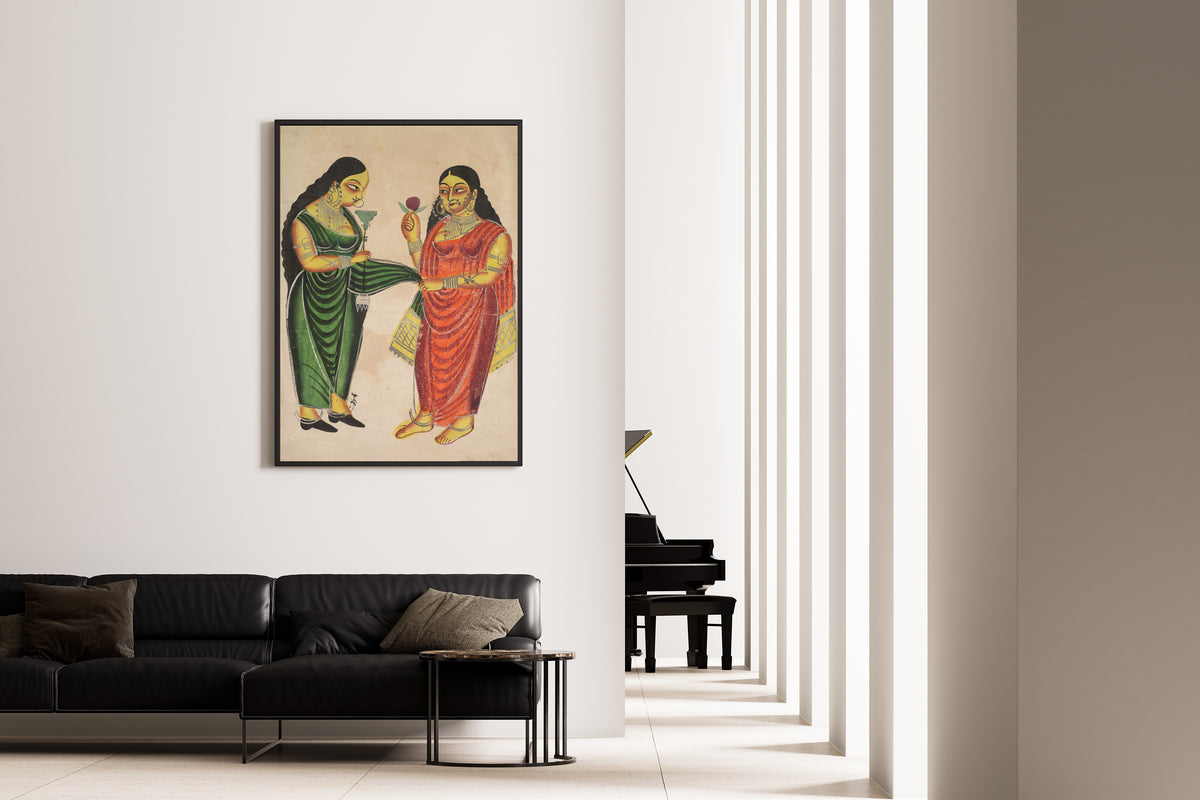 Kalighat painter — Maid Bringing a Hookah to a Lady | Kalighat Painting Print