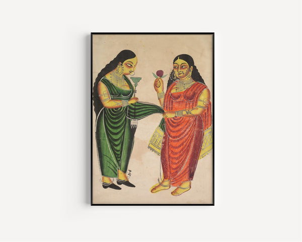 Kalighat painter — Maid Bringing a Hookah to a Lady | Kalighat Painting Print