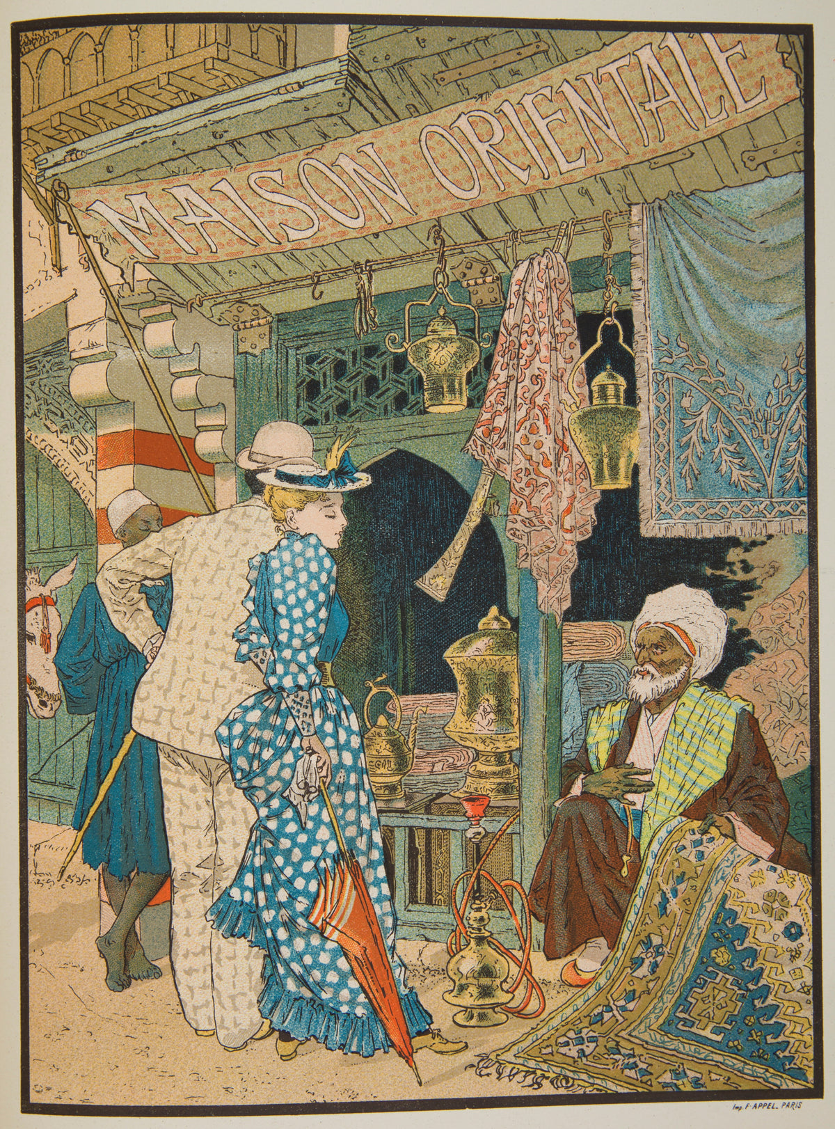 Maison Orientale by Eugène Grasset — A woman in a blue polka-dot dress browses a carpet seller's stall
