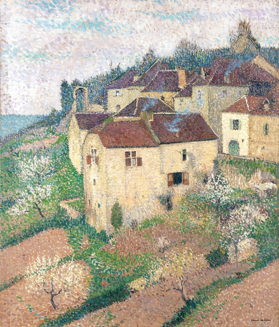 Henri Martin — Maisons à Saint-Cirq-Lapopie | Pointillist Landscape Print shown to scale on a wall above a sofa