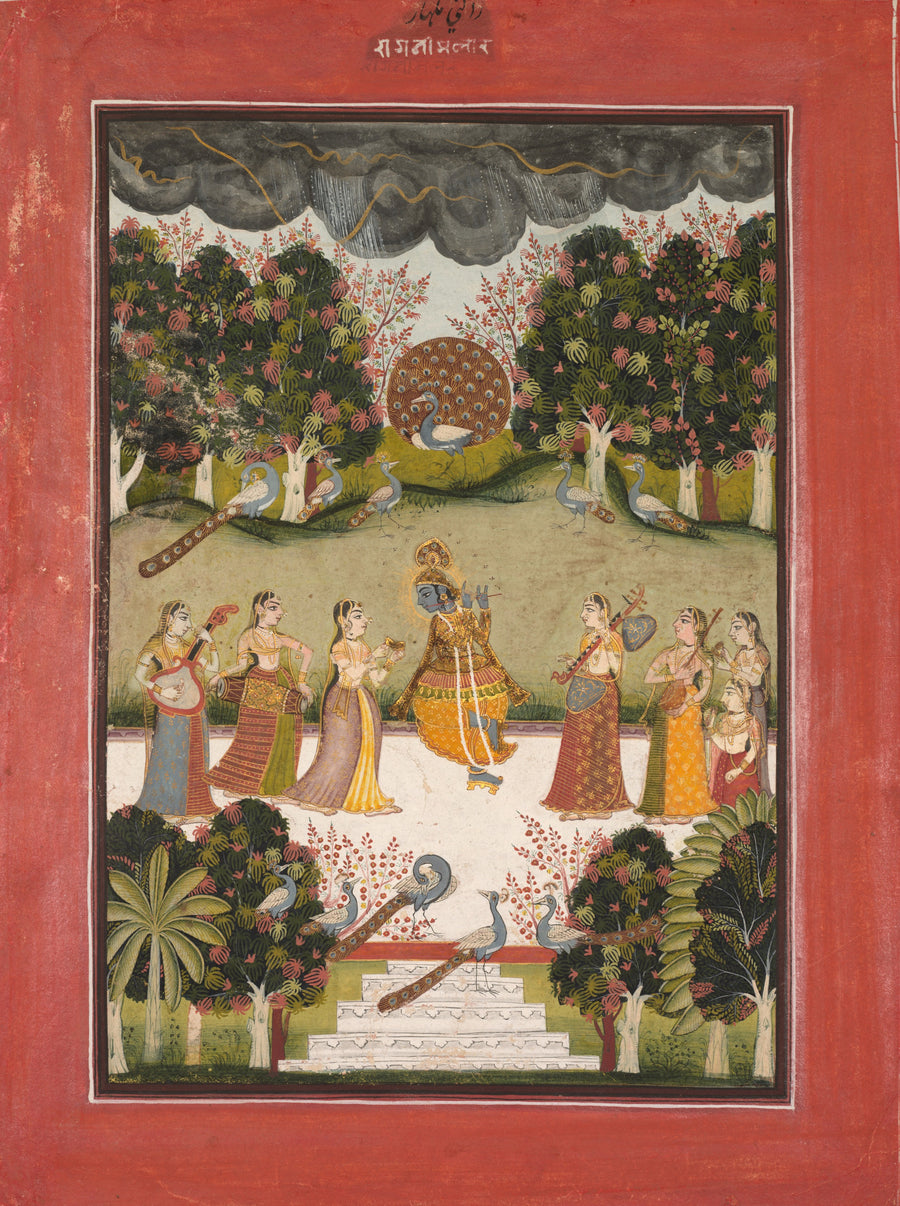Bundi or Kota school — Malar Ragini: Krishna Playing the Flute to Seven Gopis Holding Musical Instruments | Indian Miniature Painting Print shown to scale on a wall above a sofa