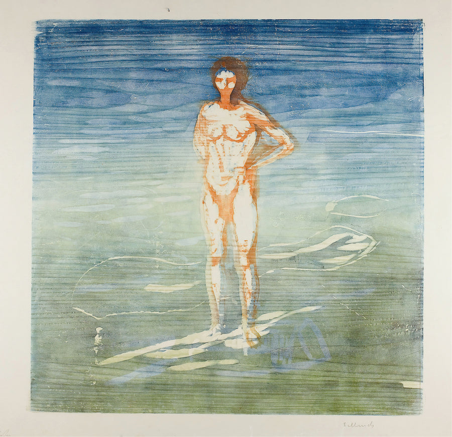 Edvard Munch — Man Bathing | Expressionist Fine Art Print shown to scale on a wall above a sofa