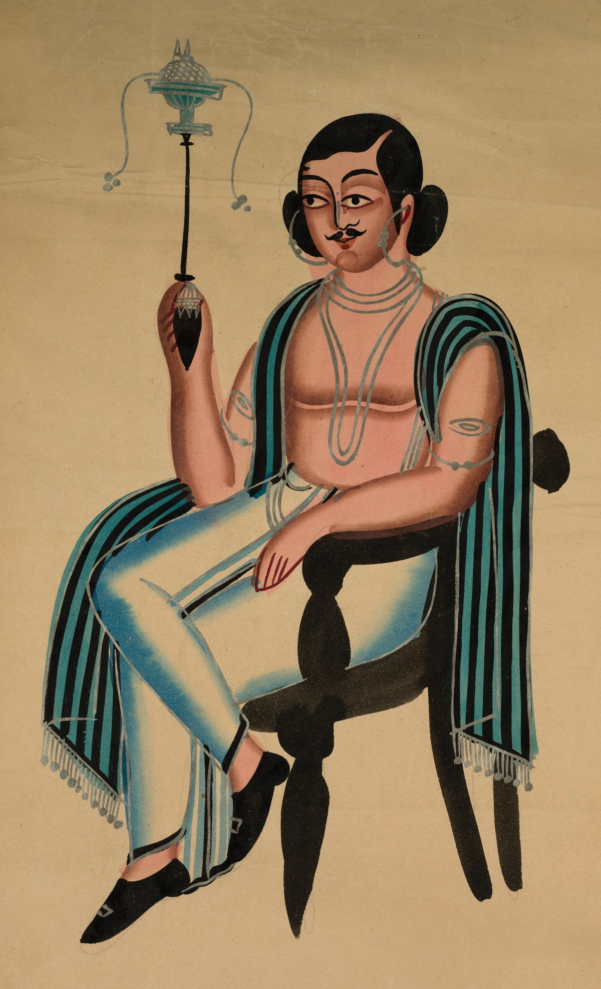 Kalighat painter — Man Seated in a European Chair Smoking a Margila Pipe | Kalighat Painting Print