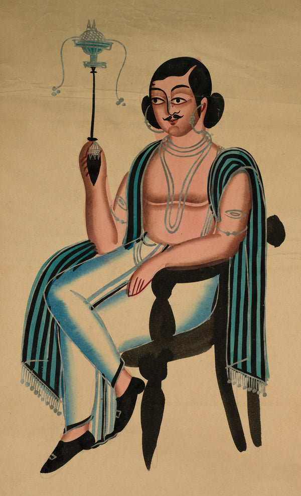 Kalighat painter — Man Seated in a European Chair Smoking a Margila Pipe | Kalighat Painting Print