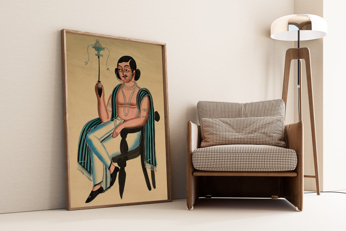 Kalighat painter — Man Seated in a European Chair Smoking a Margila Pipe | Kalighat Painting Print