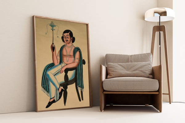 Kalighat painter — Man Seated in a European Chair Smoking a Margila Pipe | Kalighat Painting Print