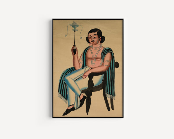 Kalighat painter — Man Seated in a European Chair Smoking a Margila Pipe | Kalighat Painting Print