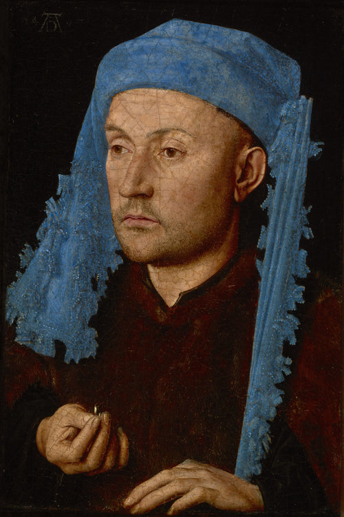 Man in a Blue Cap by Jan van Eyck — A man in a vivid blue head-cloth against black