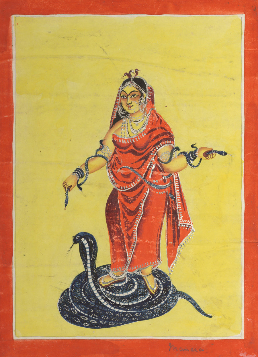 Kalighat painter — Manasa, The Snake Goddess | Kalighat Painting Print shown to scale on a wall above a sofa