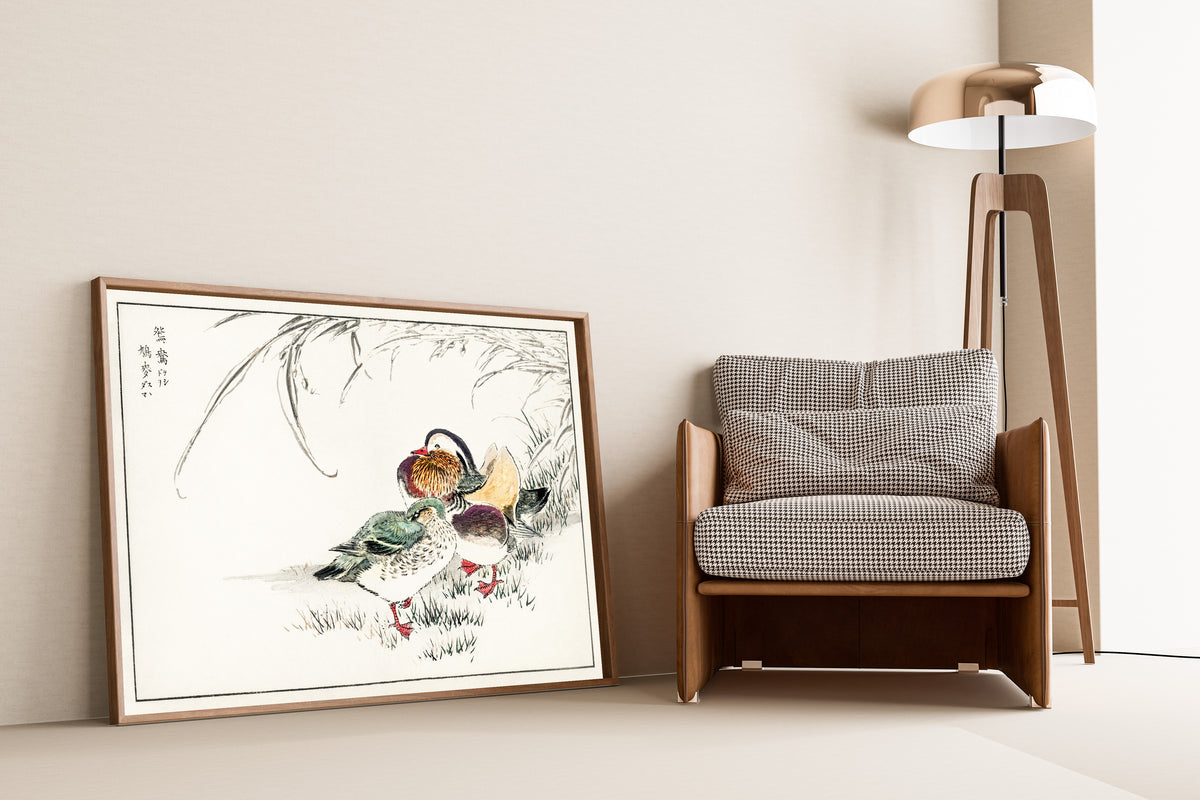 Numata Kashū — Mandarin Duck and Pearl Barley | Japanese Bird & Flower Woodblock Print