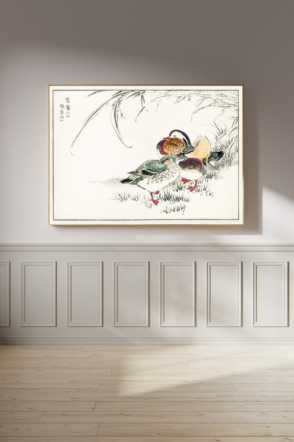 Numata Kashū — Mandarin Duck and Pearl Barley | Japanese Bird & Flower Woodblock Print