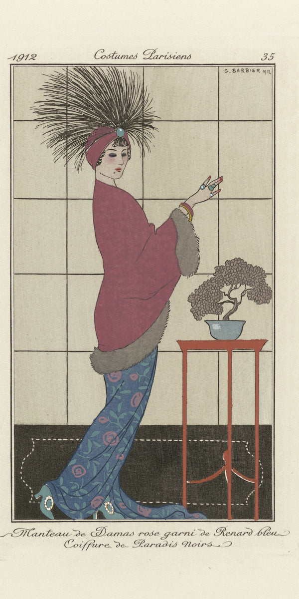 George Barbier — Manteau de damas rose garni de renard bleu [Pink damask coat trimmed with blue fox] | Art Deco Fashion Print