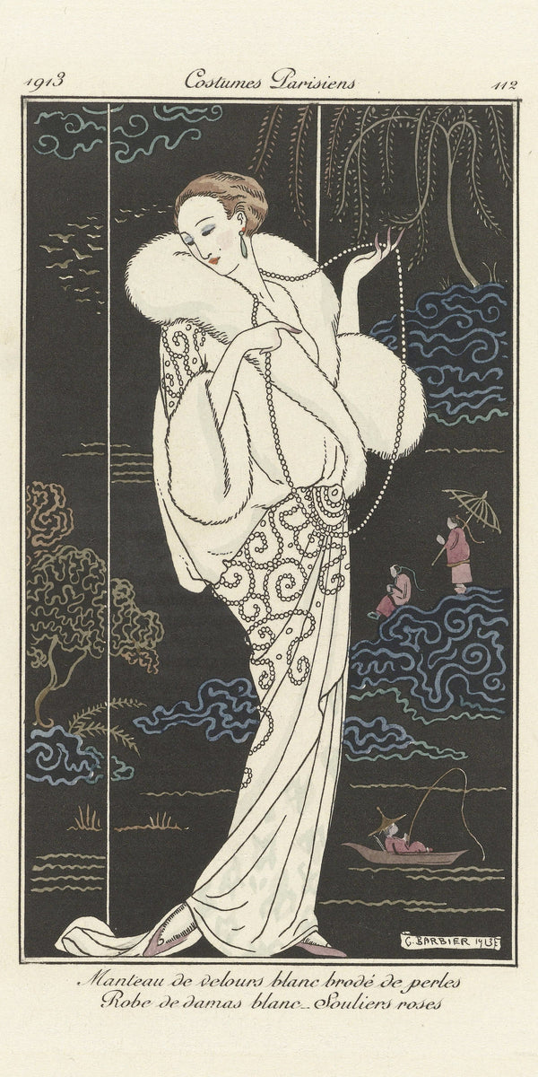 George Barbier — Manteau de velours blanc brodé de perles [White velvet coat embroidered with pearls] | Art Deco Fashion Print