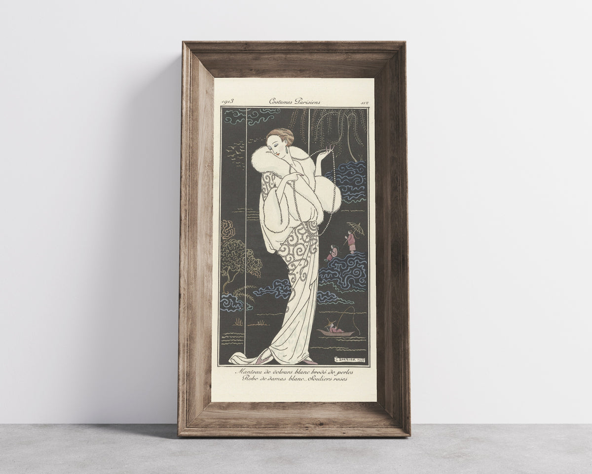 George Barbier — Manteau de velours blanc brodé de perles [White velvet coat embroidered with pearls] | Art Deco Fashion Print