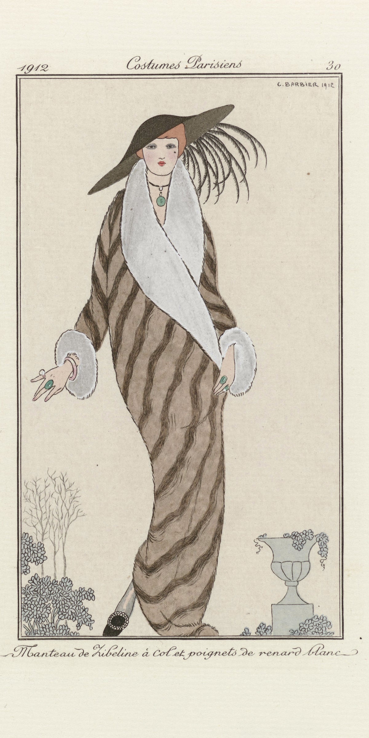 George Barbier — Manteau de zibeline à col et poignets de renard blanc [Sable coat with white fox collar and cuffs] | Art Deco Fashion Print