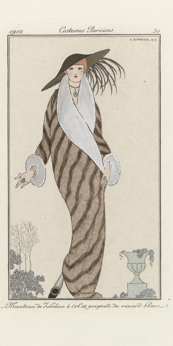 George Barbier — Manteau de zibeline à col et poignets de renard blanc [Sable coat with white fox collar and cuffs] | Art Deco Fashion Print