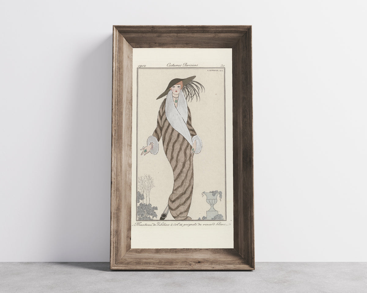 George Barbier — Manteau de zibeline à col et poignets de renard blanc [Sable coat with white fox collar and cuffs] | Art Deco Fashion Print
