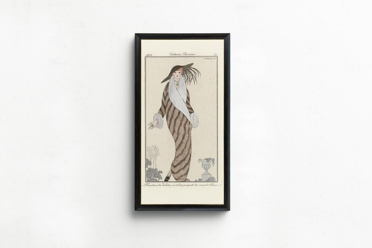 George Barbier — Manteau de zibeline à col et poignets de renard blanc [Sable coat with white fox collar and cuffs] | Art Deco Fashion Print