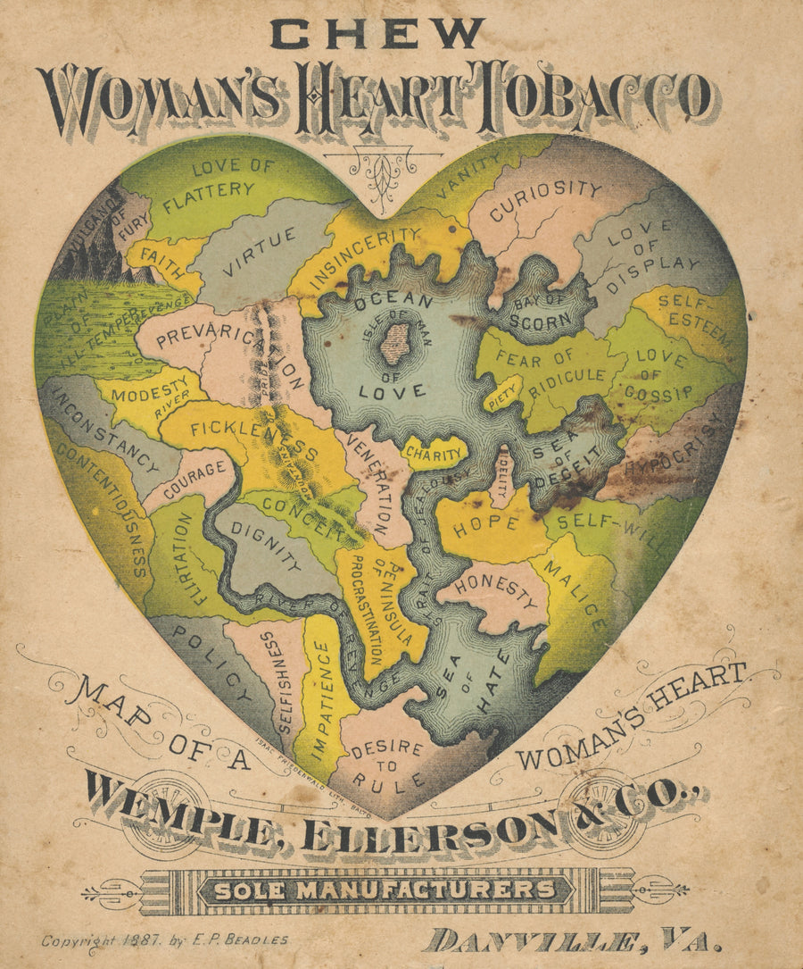 E.P. Beadles — Map of a Woman's Heart | Antique Allegorical Map Print shown to scale on a wall above a sofa