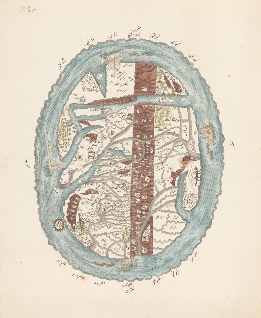 Map of the Islamic World | Manuscript World Map Print shown to scale on a wall above a sofa