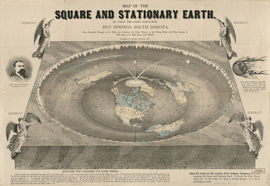 Orlando Ferguson — Map of the Square and Stationary Earth | Antique Flat Earth Map Print shown to scale on a wall above a sofa
