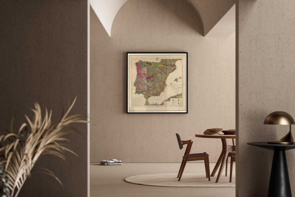 Mapa geológico de España y Portugal by Federico de Botella y de Hornos — framed in a sunlit dining corner