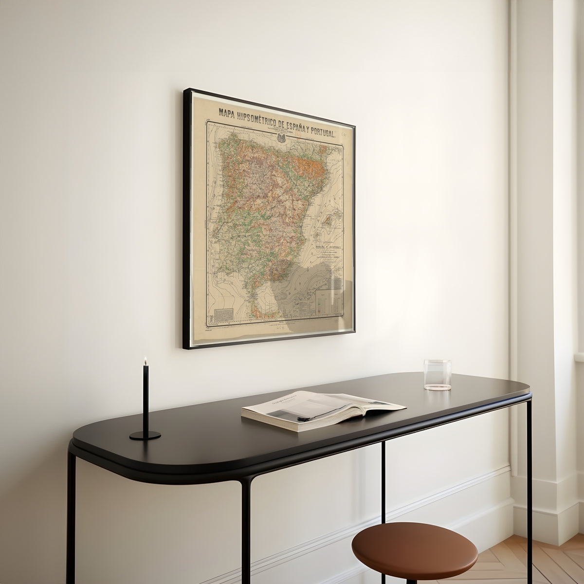 Mapa hipsométrico de España y Portugal by Federico de Botella y de Hornos — framed above a slim black console table