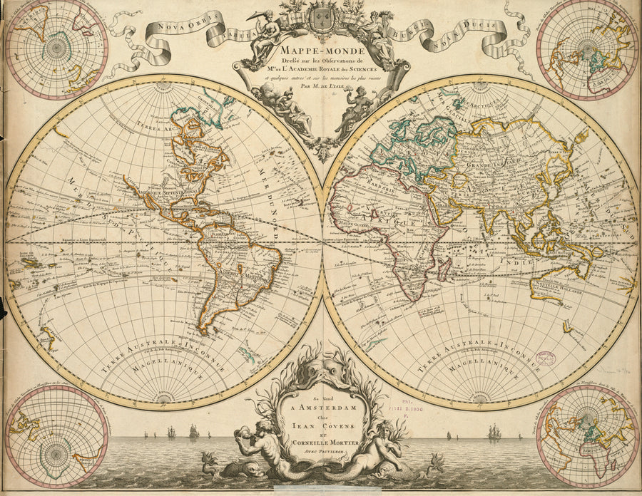 Guillaume Delisle — Mappe-Monde | Antique World Map Print shown to scale on a wall above a sofa