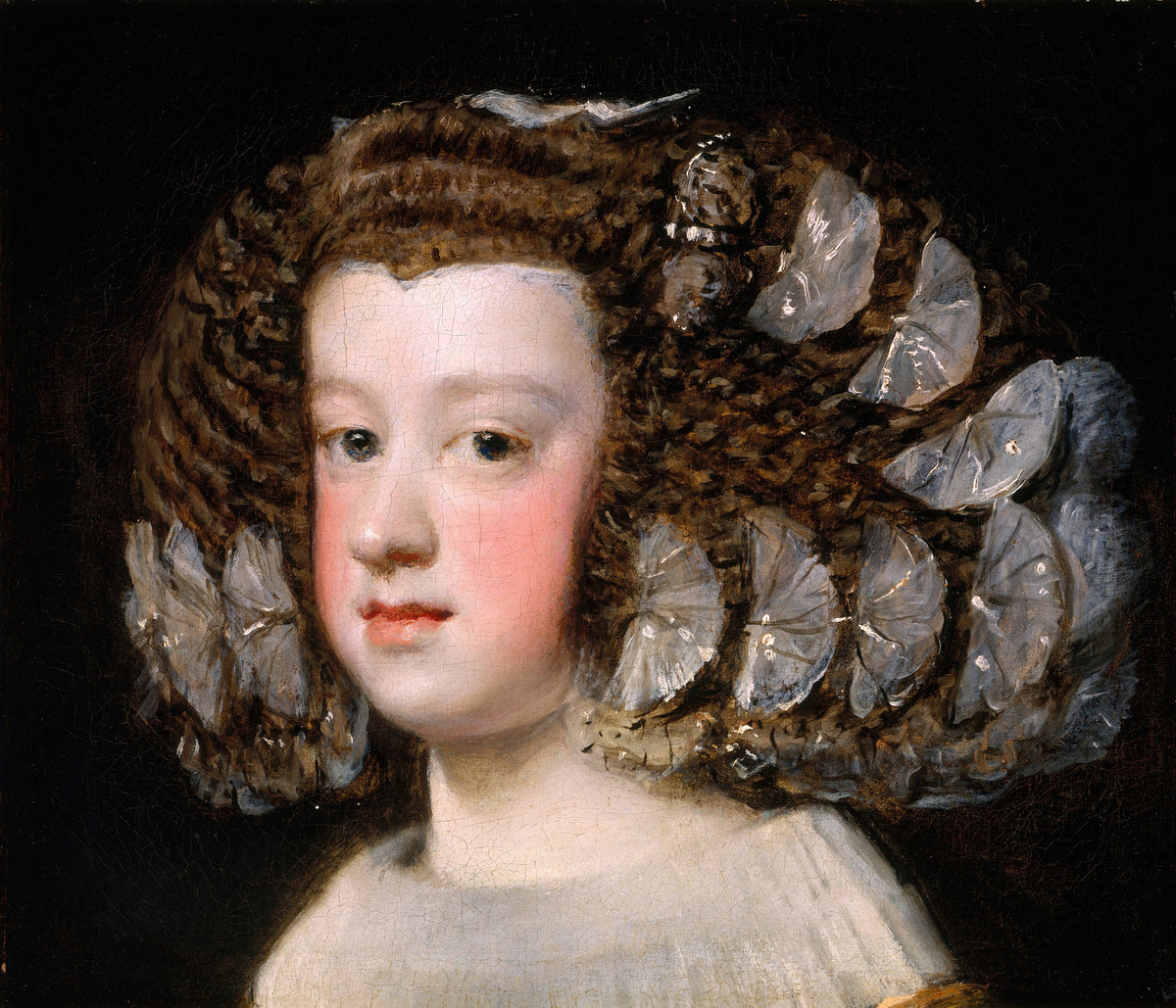 María Teresa, Infanta of Spain by Diego Velázquez — A girl's face set in crimped hair and silver ribbon loops