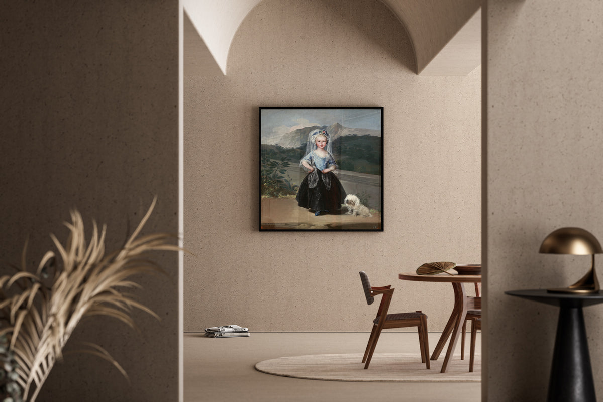Framed art print of María Teresa de Borbón y Vallabriga, later Condesa de Chinchón by Francisco de Goya, in a sunlit dining corner