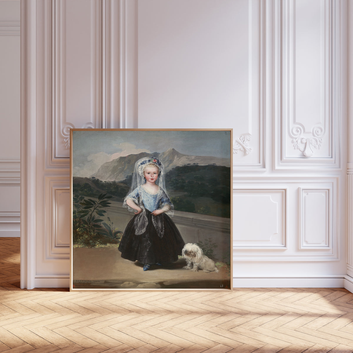 Framed art print of María Teresa de Borbón y Vallabriga, later Condesa de… by Francisco de Goya, leaning against pale pink panelling on a herringbone floor
