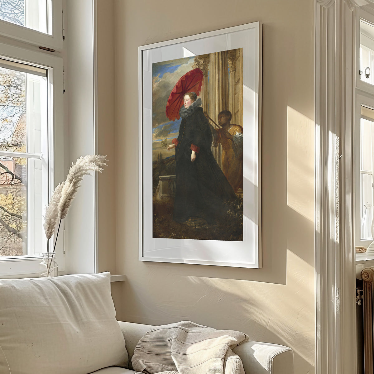 Framed art print of Marchesa Elena Grimaldi Cattaneo by Anthony van Dyck, in a sunlit living room above a sofa