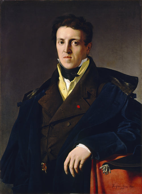 Marcotte d'Argenteuil by Jean-Auguste-Dominique Ingres — A young man in a navy cloak and yellow waistcoat meets the eye