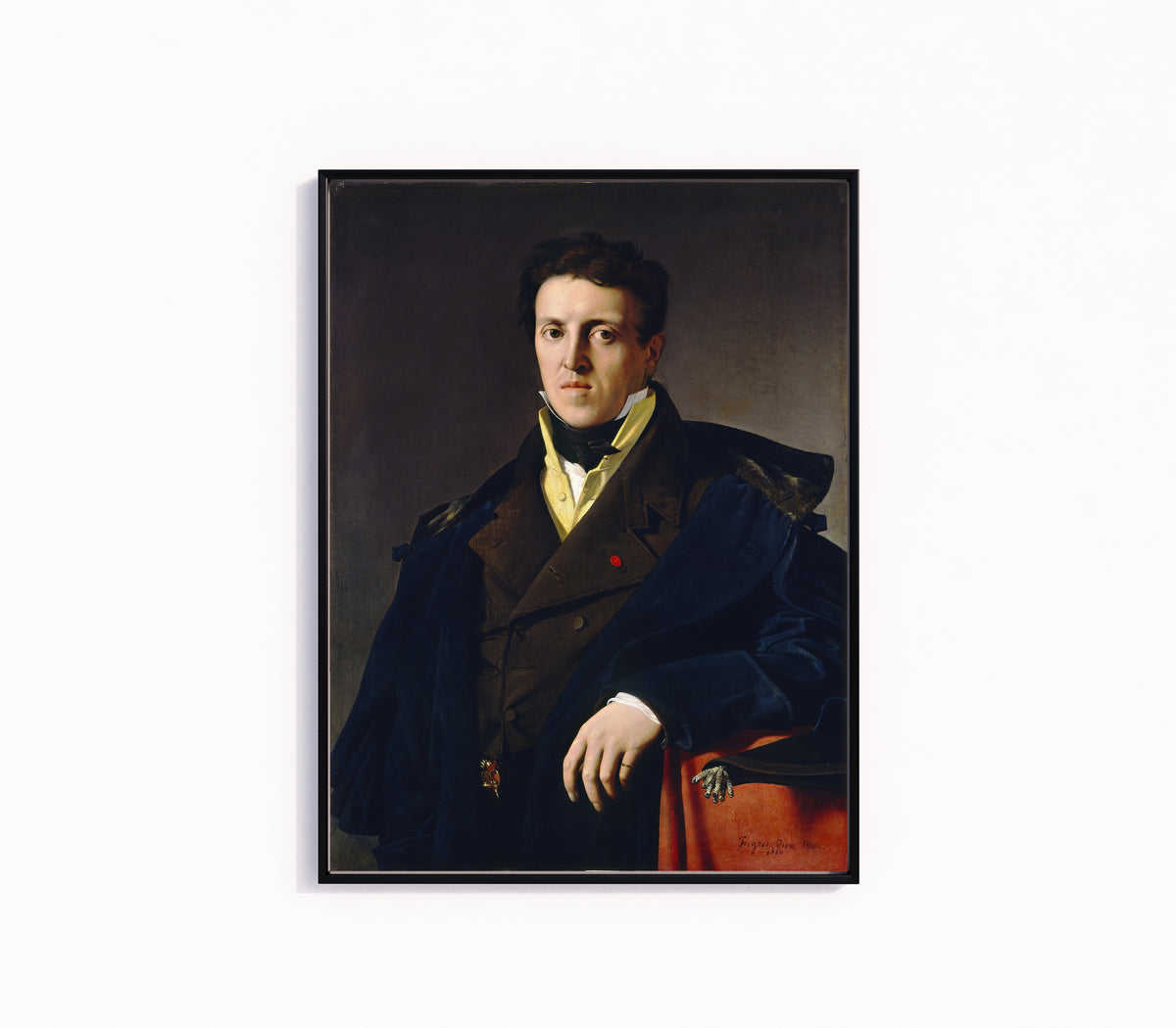 Framed art print of Marcotte d'Argenteuil by Jean-Auguste-Dominique Ingres, in a slim black frame on a plain white wall