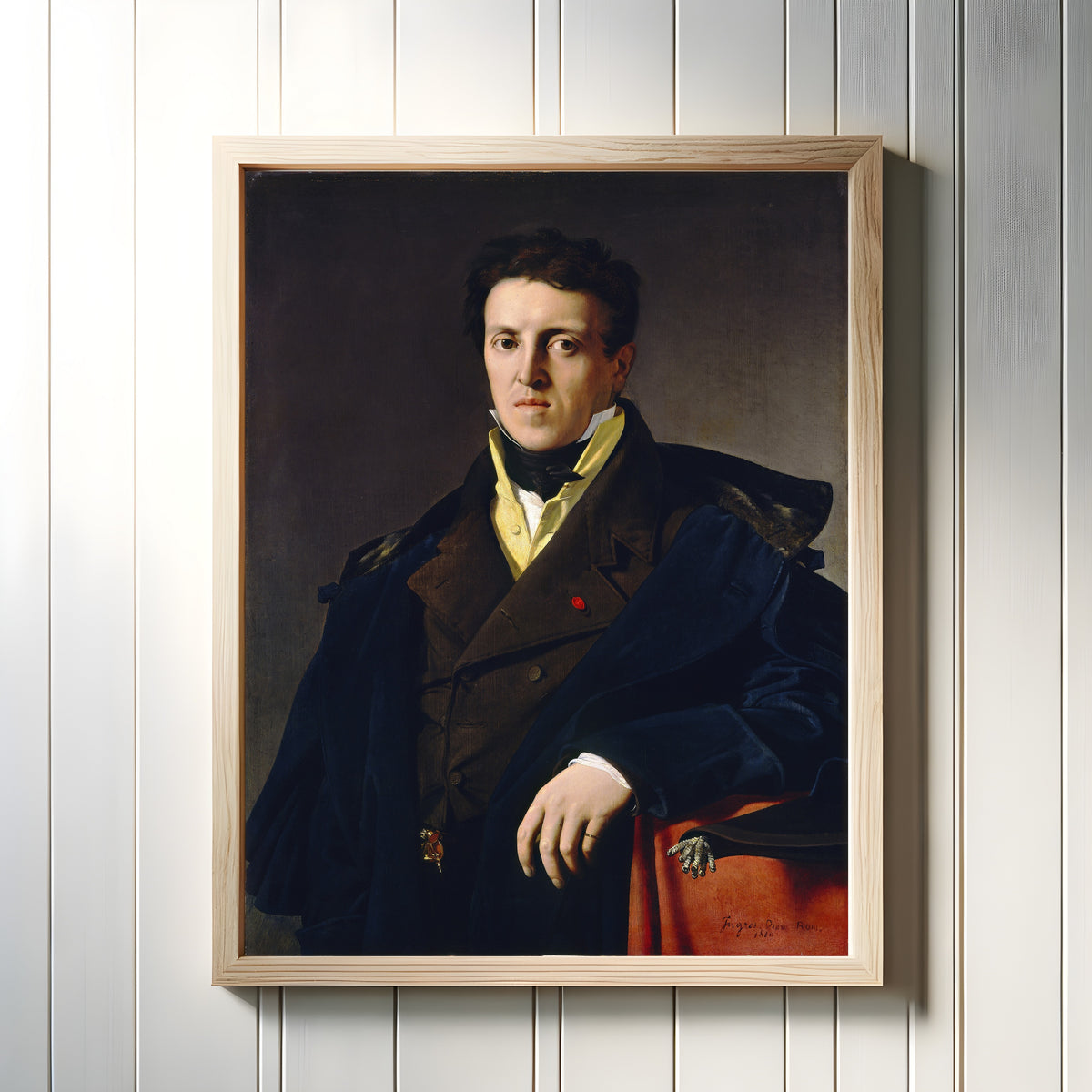 Framed art print of Marcotte d'Argenteuil by Jean-Auguste-Dominique Ingres, in a light wood frame on a white panelled wall