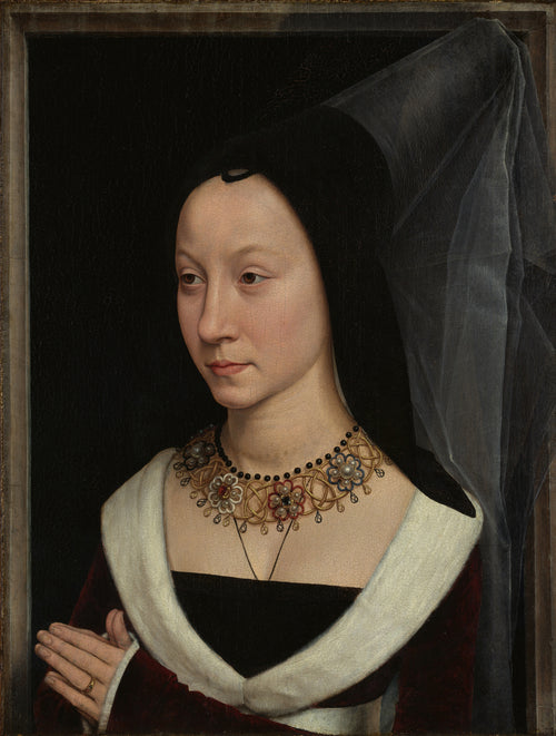 Maria Portinari (Maria Maddalena Baroncelli) by Hans Memling — A veiled woman with a jewelled collar, hands pressed in prayer