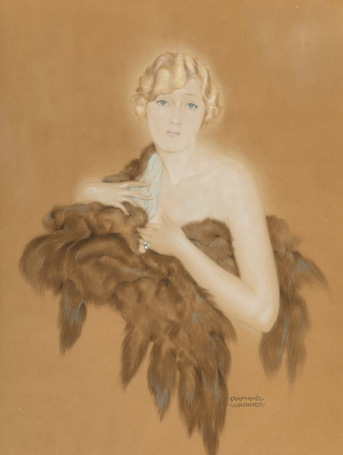 Marion Davis by Raphael Kirchner — A blonde woman wrapped in a brown fur stole looks straight out