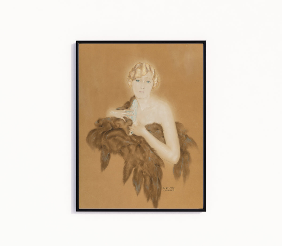 Framed art print of Marion Davis by Raphael Kirchner, in a slim black frame on a plain white wall