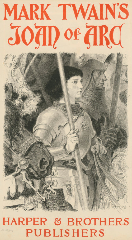 Mark Twain's Joan of Arc by Eugène Grasset — A young armoured figure grips a lance among soldiers in mail