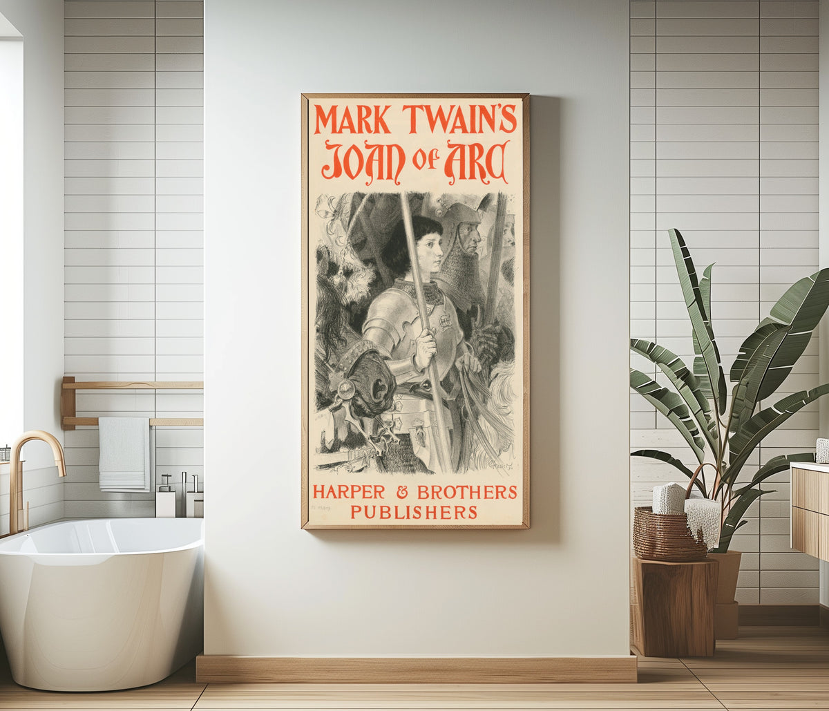 Framed art print of Mark Twain's Joan of Arc by Eugène Grasset, in a bathroom beside a freestanding tub