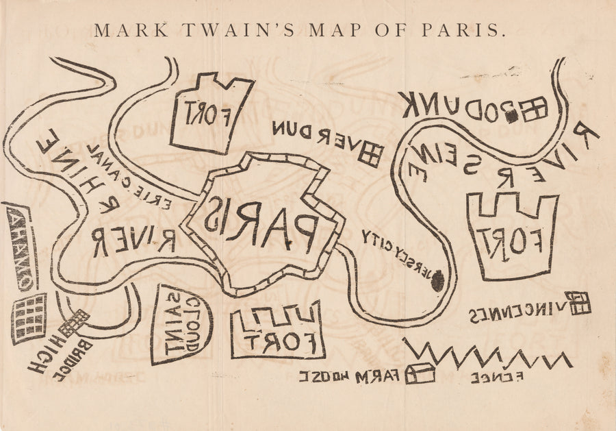 Mark Twain — Mark Twain's Map of Paris | Satirical Map Print shown to scale on a wall above a sofa
