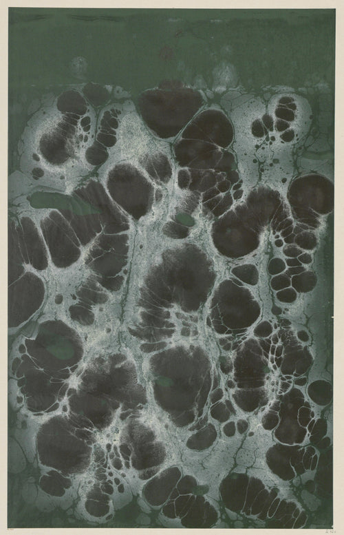 Marmorpapier (black cells on dark green) by Otto Eckmann — Black cells float on a dark green marbled ground